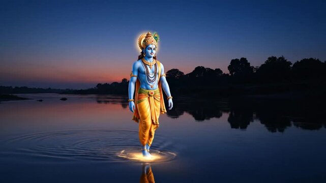 divine lord krishna walking on water at serene dusk