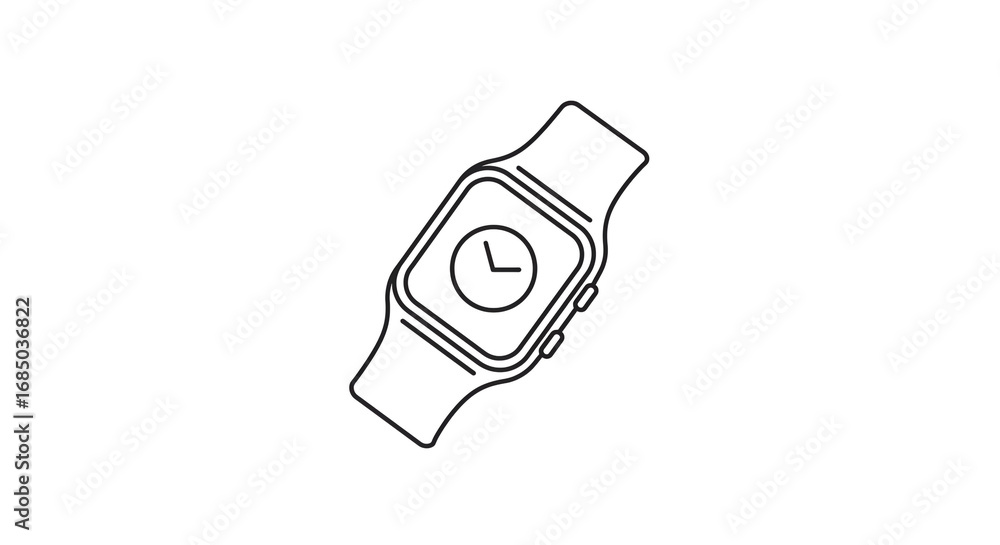 Poster a line drawing of a smart watch with a square face and a band on a white background in a simple styl