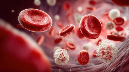 3D illustration of red and white blood cells in vein symbolizing health circulation biology