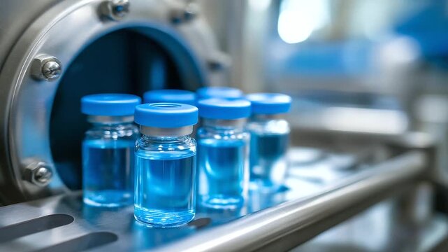 A lyophilization facility freeze-dries pharmaceutical products for enhanced stability and shelf life. Vials are shown inside the large, industrial freeze-dryer, a critical process