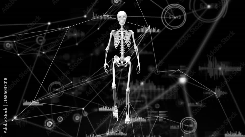 Aufkleber animation of network of connections and data processing over human skeleton model