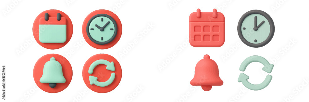 Poster clean minimalist user interface icons featuring calendar, clock, notification, and refresh symbols