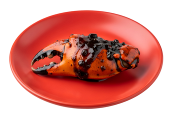 A seasoned crab claw, coated in a dark, glossy sauce, rests on a vibrant red plate against a black background.