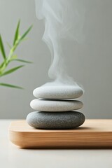 Stacked smooth stones with rising mist evoke peaceful spa relaxation and balanced wellbeing.