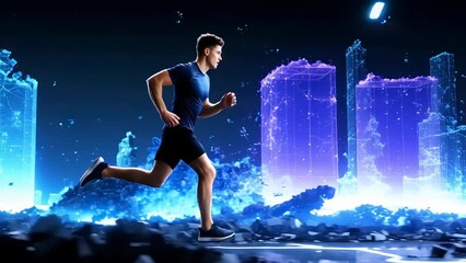 Young Caucasian Male Running in Futuristic Neon Cityscape at Night - Powered by Adobe
