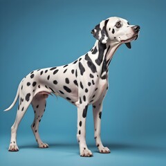 Dalmatian dog standing alert on blue background with black spots and white coat isolated for pet photography and breed showcase