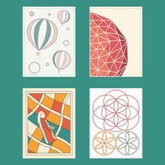 Four artistic panels featuring balloons geometric patterns and sacred geometry