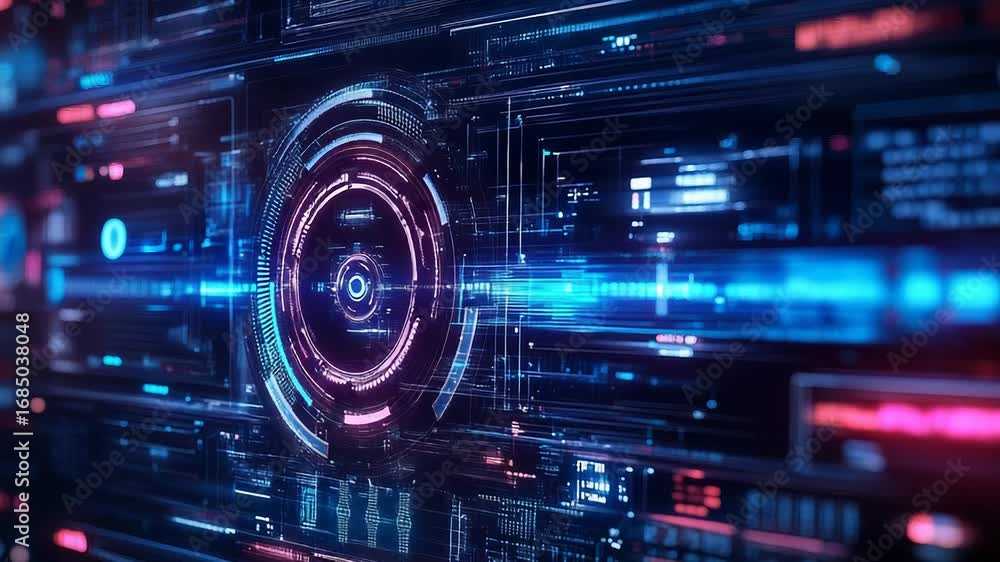 Poster futuristic head up display showing complex data analysis and processing information