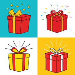 Four colorful gift boxes with ribbons and sparkles festive presentation