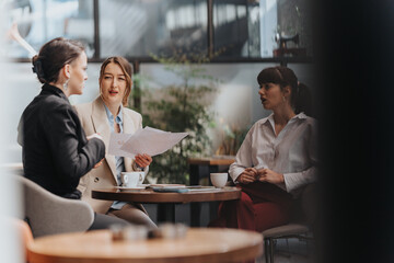 Three women analyzing documents while sitting at a modern cafe table