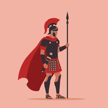 A brave ancient Roman centurion or Greek hoplite warrior character standing with a spear. Flat vector illustration of a soldier in armor and a red cape