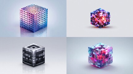 Four abstract cubes, various colors and textures, on a light gray background