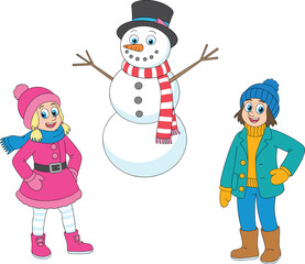 Cheerful winter children with snowman, festive holiday outdoor fun, colorful warm clothing, happy kids playing in snow, seasonal Christmas illustration art
