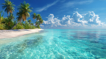 Fototapeta premium A serene tropical paradise with a white sand beach, palm trees, and crystal-clear turquoise ocean.