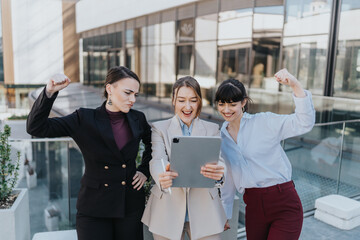 Three women collaborating on a business project with enthusiasm, depicted in a modern outdoor...