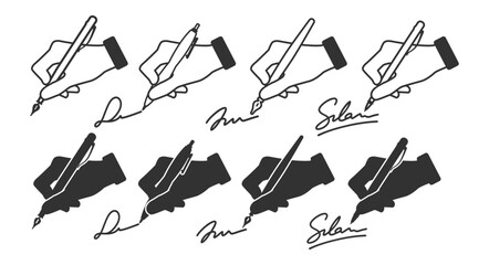 Signature icon set. Hand with pen drawing autograph or signing document. Vector illustration on transparent background.