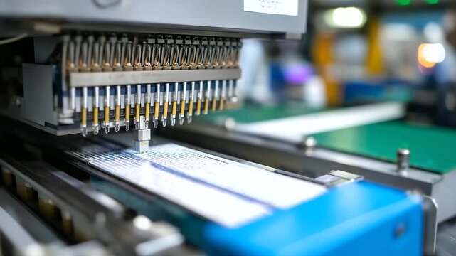 A semiconductor packaging facility shows the final assembly of integrated circuits. A wire bonding machine makes microscopic connections, and an encapsulation system protects the c
