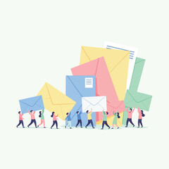 Tiny characters diligently transporting and organizing a giant stack of diverse mail, illustrating the volume of modern communication and administrative tasks
