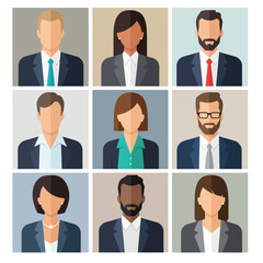 A collection of diverse business people avatars in flat design style. Set of vector icons for professional user profiles