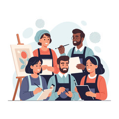 Engaging art workshop where a diverse group of creatives collaborate, learn, and express themselves through painting and drawing activities