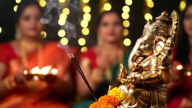 Devotees offering prayers to deity with incense and lamps