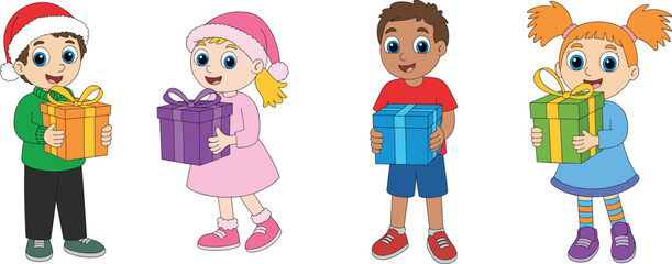 Happy cartoon children with Christmas gifts, festive clothing, smiling faces, holiday spirit, perfect for winter celebrations, Santa hats included