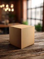 A simple wooden cube sits on a rustic wooden table. The background features a cozy indoor space with soft lighting, creating a warm atmosphere. Green plants add a touch of nature.