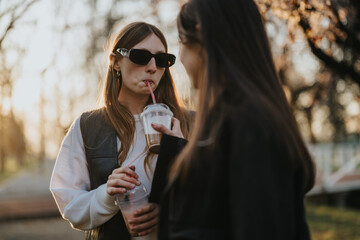 Fototapeta premium Two girls in a park during sunlight, sipping beverages and engaging in conversation. The mood is relaxed and pleasant, capturing the essence of outdoor friendships and casual gatherings.