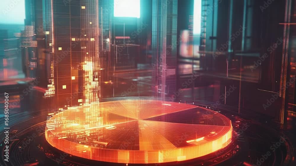 Poster futuristic glowing pie chart displayed on a digital platform in a metaverse environment
