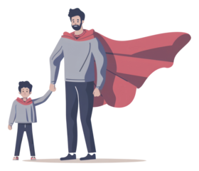 PNG Father with cape and son cartoon togetherness illustrated.
