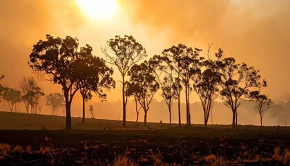 Obraz premium Silhouetted Trees in Golden Sunset Landscape