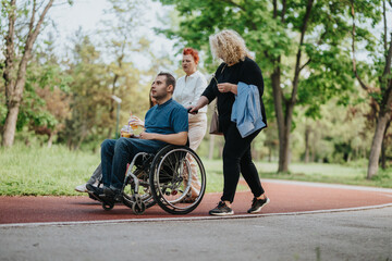 A group of people spending time together outdoors, one of whom is in a wheelchair, showcasing inclusivity and support in a beautiful green park setting.