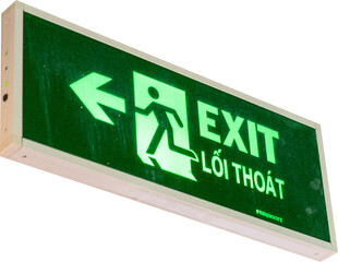Naklejka premium Illuminated green exit sign with an arrow pointing left.