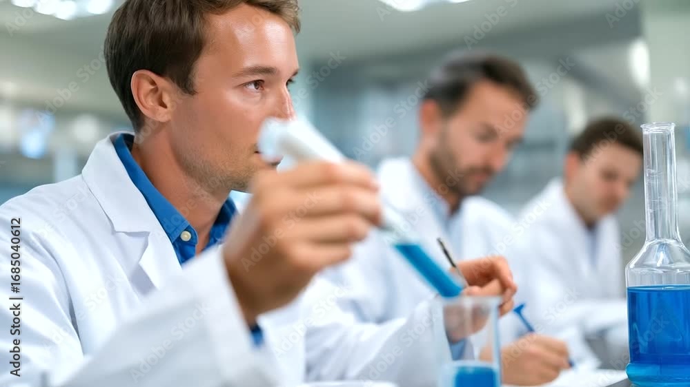 Poster an advanced glass composition laboratory shows scientists developing new formulations for specialize