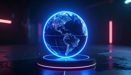 Glowing Neon Globe Floating in Digital Space Representing Global Tech and Connectivity