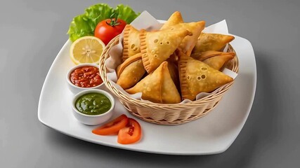 samosas a traditional savory pastry served in a basket with spicy red and green chutneys perfect for restaurant ads samosas food blogs and shop promotions samosas hd video - Powered by Adobe