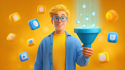 Person holds digital marketing funnel with icons concept. A young man using a digital funnel to filter information.