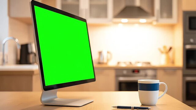 ​A static shot of a green screen computer monitor with a blurry kitchen background. Chroma key mock-up. side angle shot