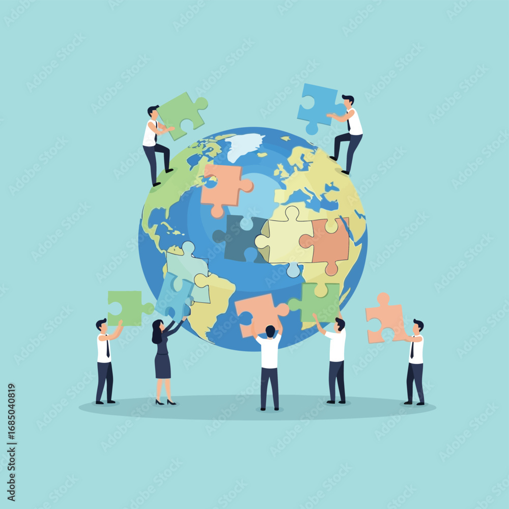 Poster corporate team assembling a world map jigsaw puzzle as a metaphor for global solutions and teamwork
