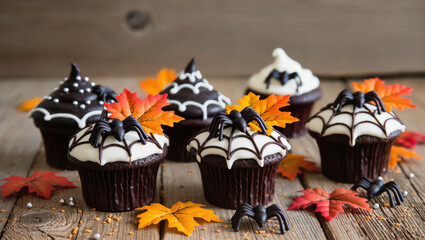 Chocolate Halloween cupcakes with spider and web decoration, autumn leaves and wooden background, festive dessert concept