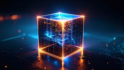 A Neon Lit Digital Cube Floating in Futuristic Cybernetic Space