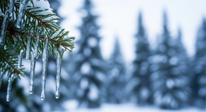 Closeup of icy pine branches with icicles dripping in a snowy forest with blurred evergreen trees in the background - Powered by Adobe