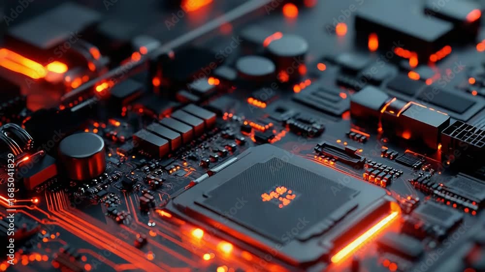 Poster cpu is glowing red on motherboard with bokeh effect and shallow depth of field