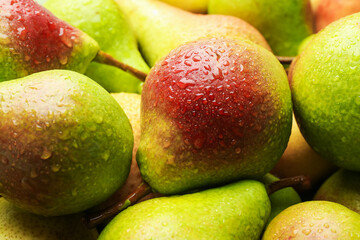 Many whole ripe pears with water drops as background, closeup