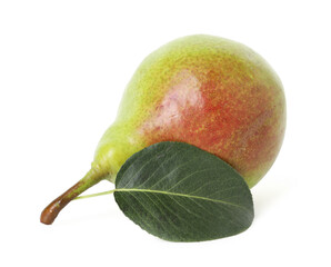 Whole ripe pear with leaf isolated on white