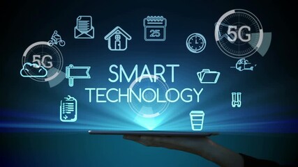 Animation of smart technology text and digital icons over caucasian businessman holding tablet - Powered by Adobe