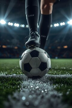Close-up of a football player's black boot resting on a classic soccer ball on a stadium pitch under bright lights ready for game action