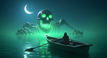 "Moonlit Lake with Boat Passing a Giant Skeletal Sea Creature Rising from Water"