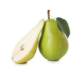 Whole and cut ripe pears isolated on white