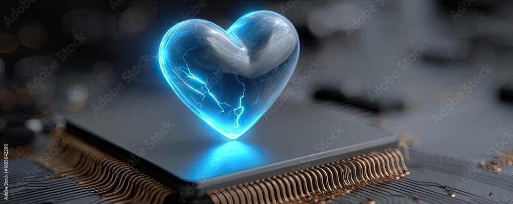 Poster blue heart shaped as central love processor concept. a glowing heart hologram on a computer microchi